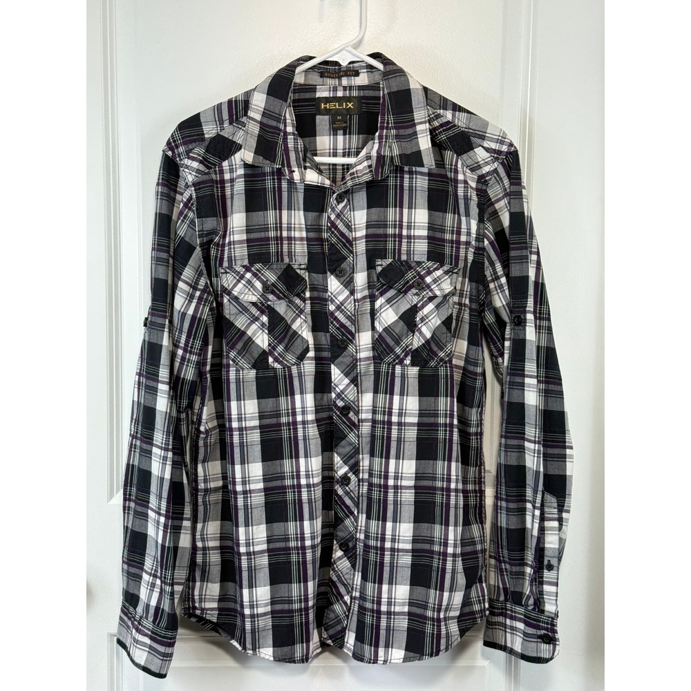 Helix Mens Athletic Fit‎ Plaid Button Down Shirt Black Purple White Medium